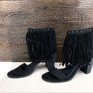 Very Volatile Black Suede Fringe Heels